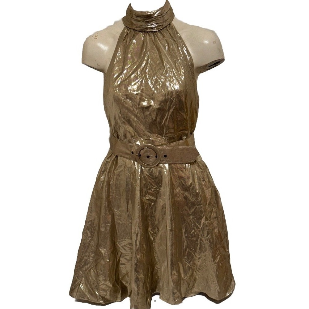 Alice + Olivia Silver Lame Belted Cutaway Mini Silk USA Dress Cocktail NYE S 6 8